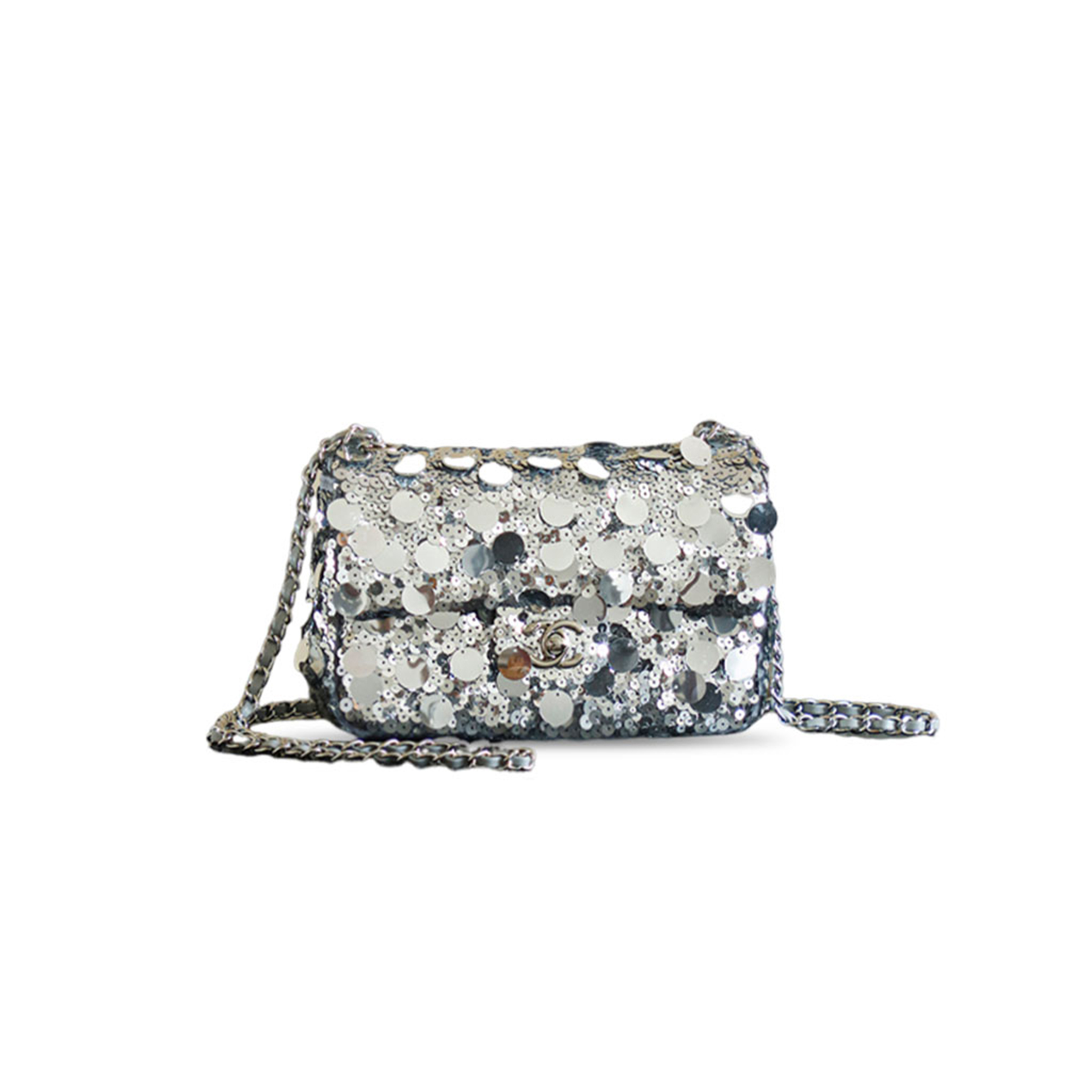 CHANEL SILVER SEQUIN FLAP SILVER BAG (21*14*8cm) 